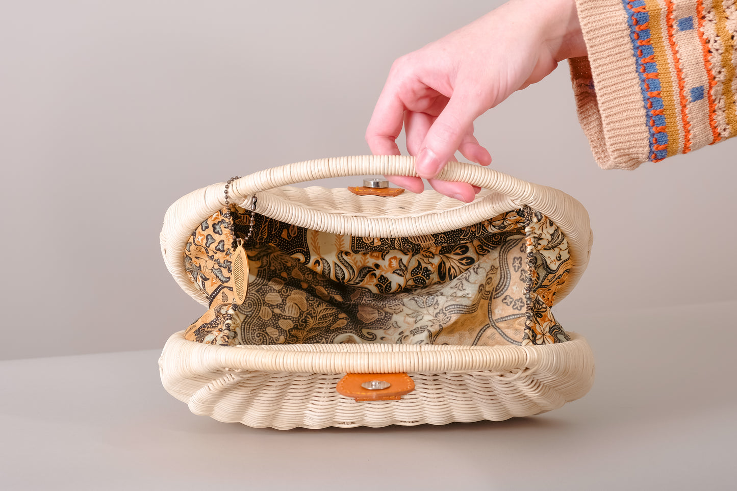 Ivory Rattan and Leather Handbag, Moon Shaped