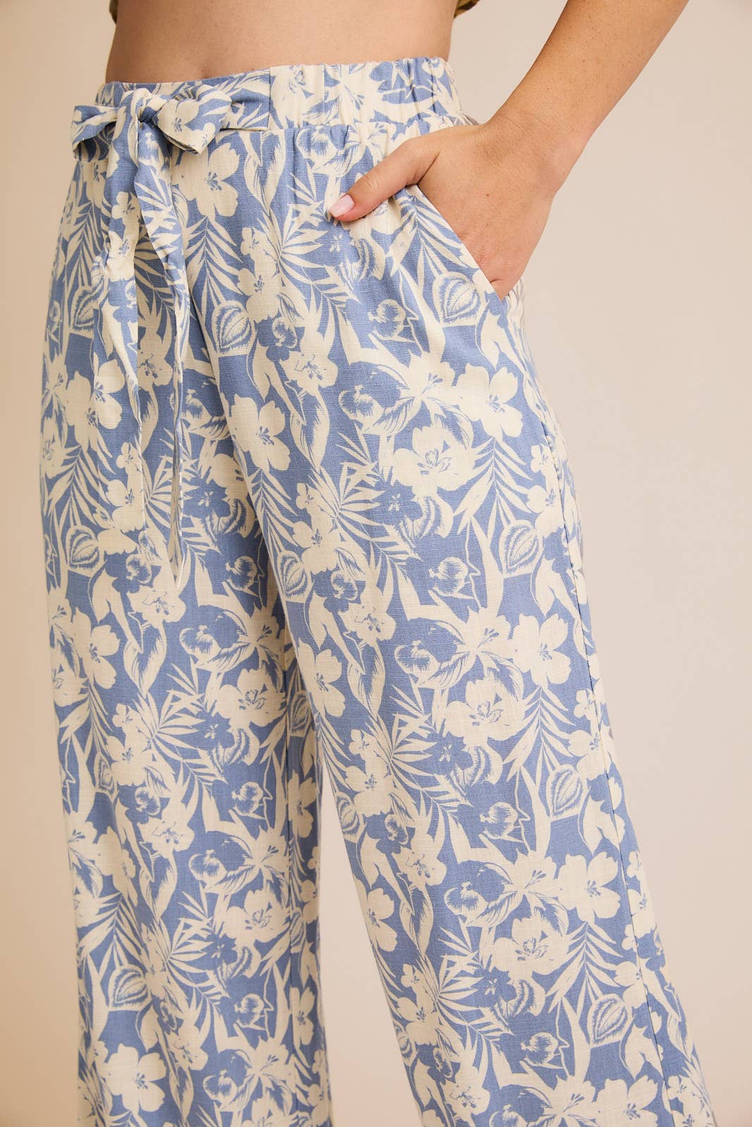 Floral Pants with Elastic Waist and Front Self-Tie