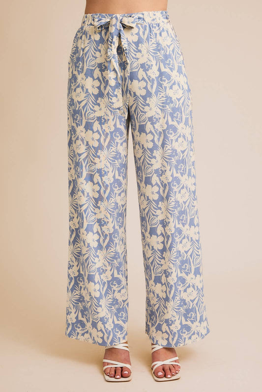 Floral Pants with Elastic Waist and Front Self-Tie