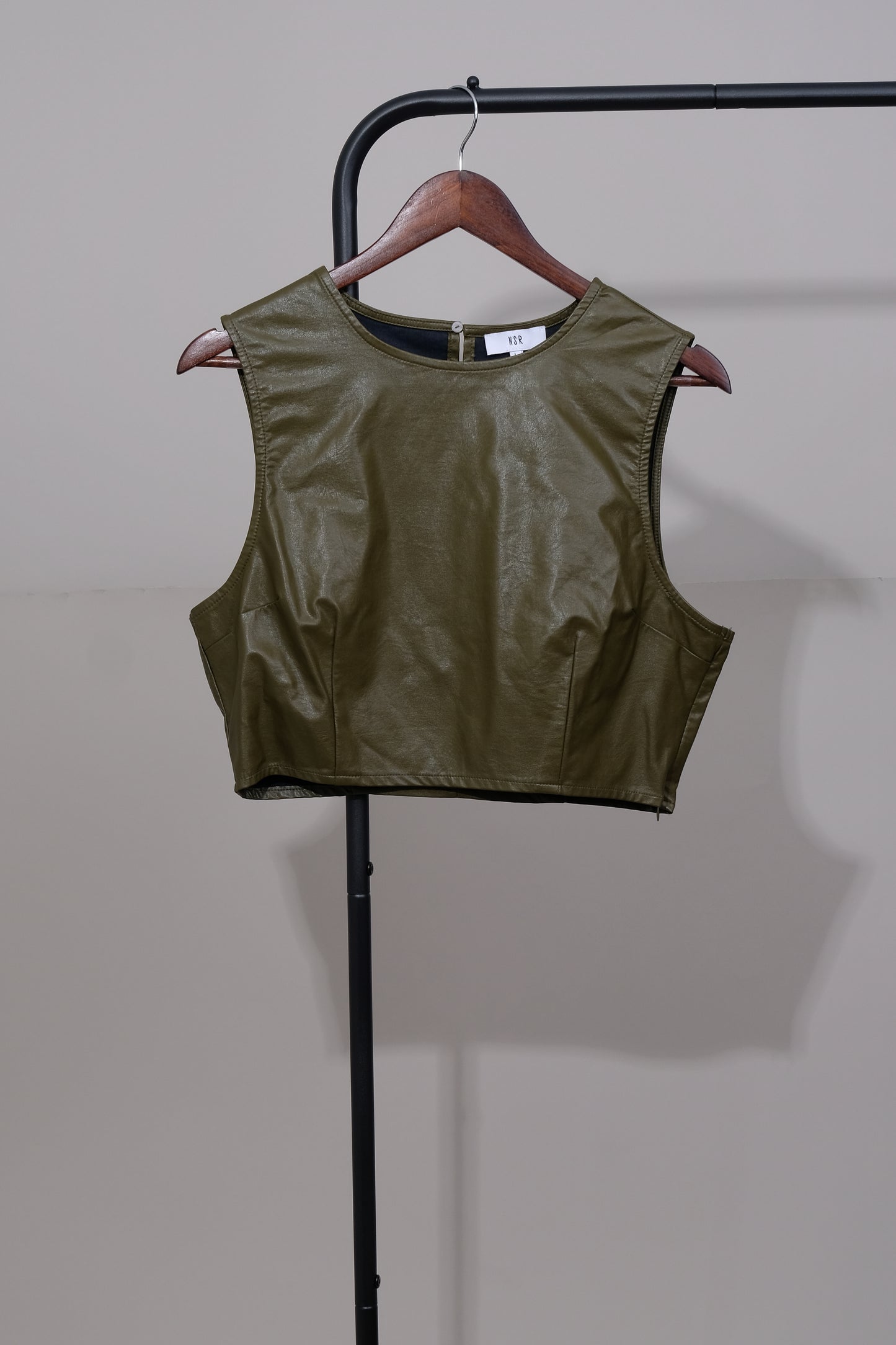NSR Cropped Faux Leather Green Tank Top