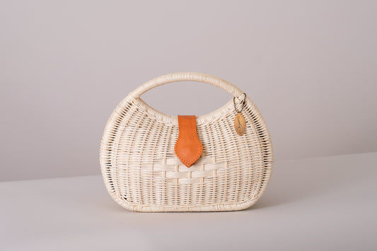 Ivory Rattan and Leather Handbag, Moon Shaped