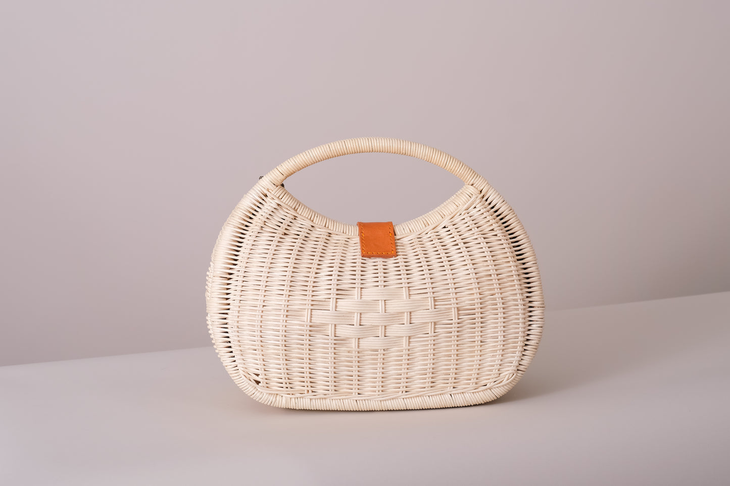 Ivory Rattan and Leather Handbag, Moon Shaped